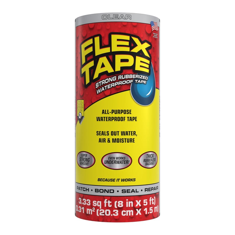 Flex Tape, Original Thick Flexible Rubberized Waterproof Tape - Seal and Patch Leaks, Works Underwater, Indoor Outdoor - Home RV Roof Plumbing and Pool Repairs, Clear, 8 in x 5 ft, Pack of 1 - Image 1